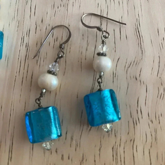 This necklace and earring set features aqua blue molded glass beads and a pearl— - Picture 3 of 5